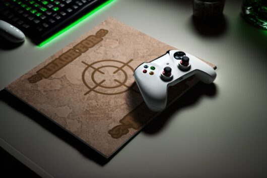 Mousepad Mockup Featuring A Gaming Controller And An Ai Generated Setting M32558
